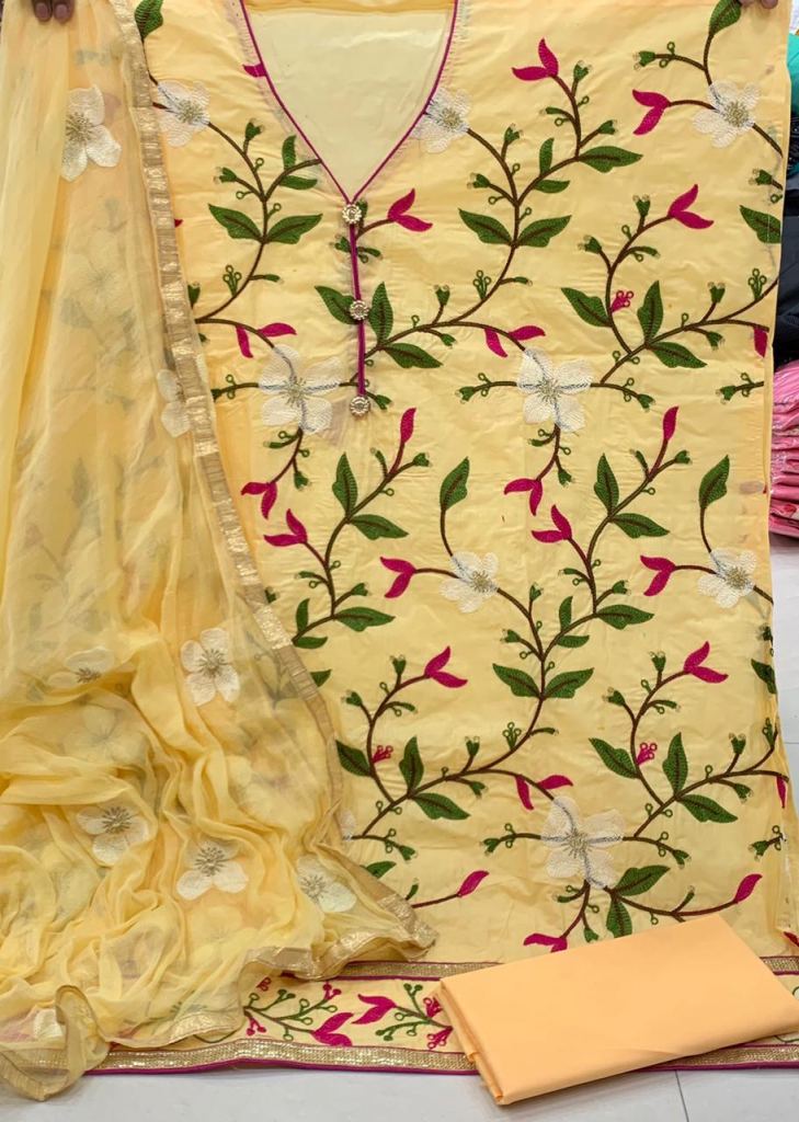 Designer Heavy Work Soft Cotton Dress Material In Light Yellow designer suits