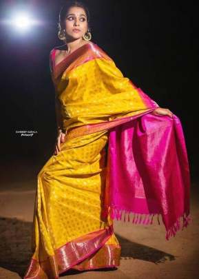 Beautiful Soft Lichi Silk Yellow Color Saree With Rich Pallu & Jacquard Work Magic-3 Jacquard Saree