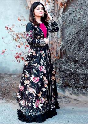 Black With Malty Color Tapeta Silk Shine Embroidery Work Gown western wear
