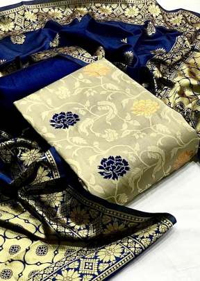 Exclusive Fancy Designer Banarasi Silk Dress Material In Cream And Blue Dress Material