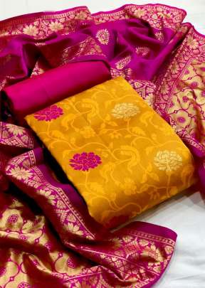 Exclusive Fancy Designer Banarasi Silk Dress Material In Yellow Dress Material