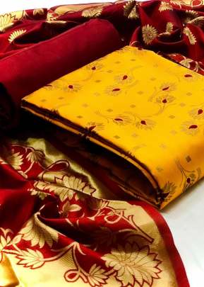 Exclusive Fancy Designer Banarasi Silk Dress Material In Yellow And Red Dress Material