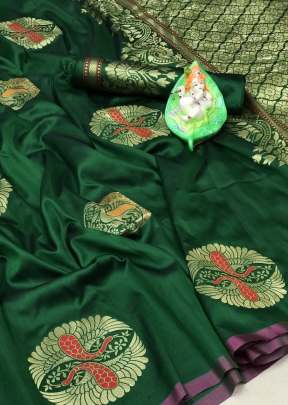 Lichi Silk With Gold Zari Weaving Work With Stylish Look In Green Sarees