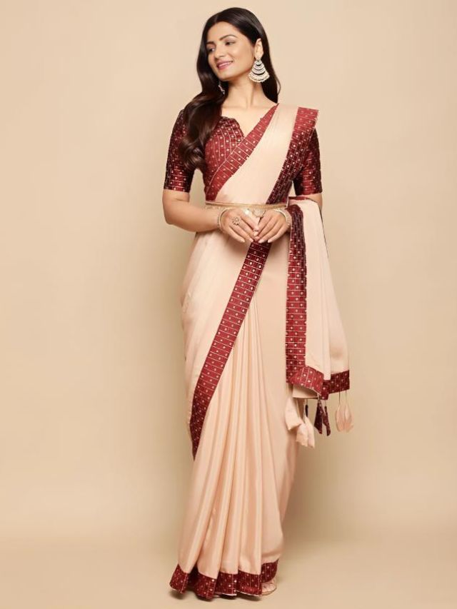 Beige saree with maroon border