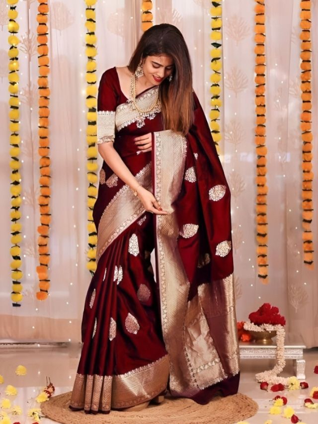 Maroon Banarasi saree