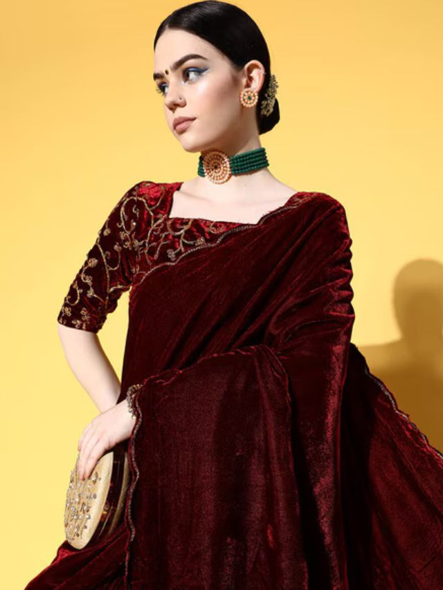 Maroon velvet saree