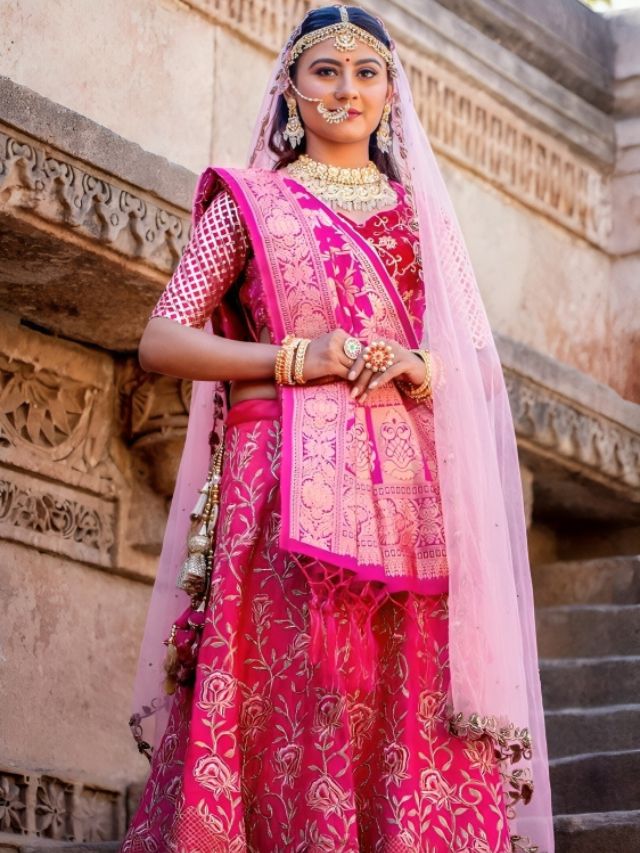 One Dupatta Draped like Gujarati Style and other on Head