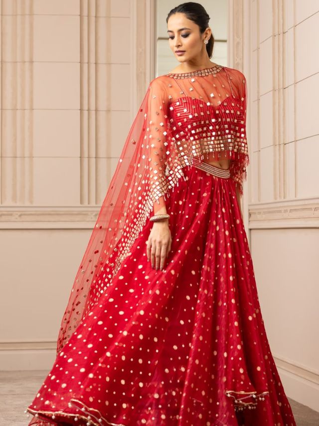 Fiery Red Embroidered Asymmetrical Lehenga Set With Cape