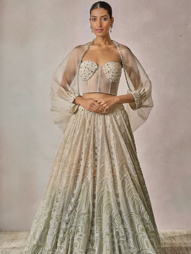 Ivory & Mint Soft Net Sequins Embroidered Lehenga Set