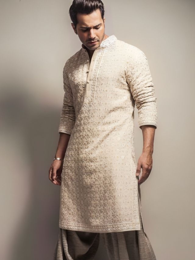 Varun Dhawan in Pair Mens Chikan Kurta with Dhoti Pants