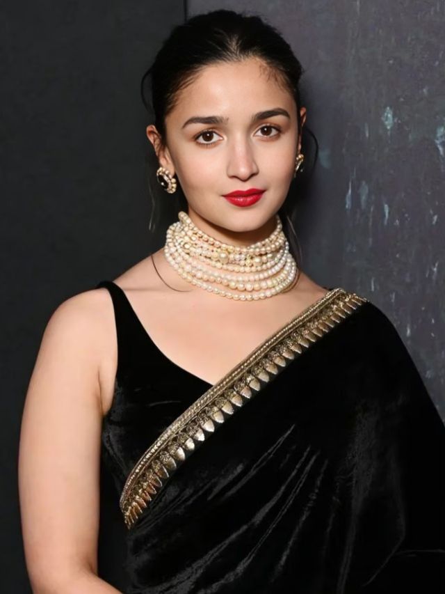 Alia Bhatt in Black Saree with Pearl Necklace