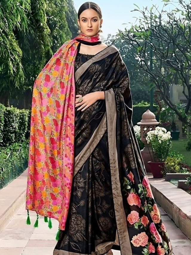 Black Saree with Printed Shawl