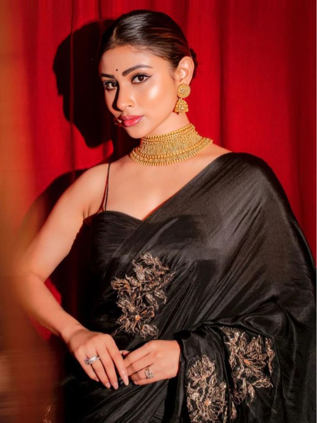 Mouni Roy in Black Saree with Sleeveless Blouse