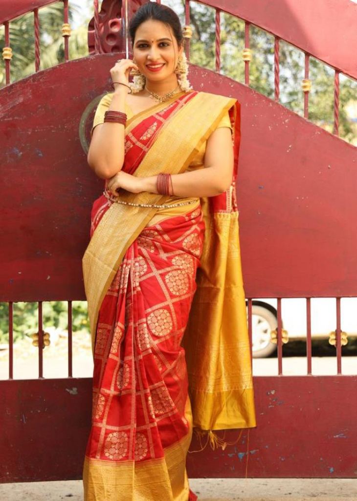 Red color kota doriya saree with zari weaving work