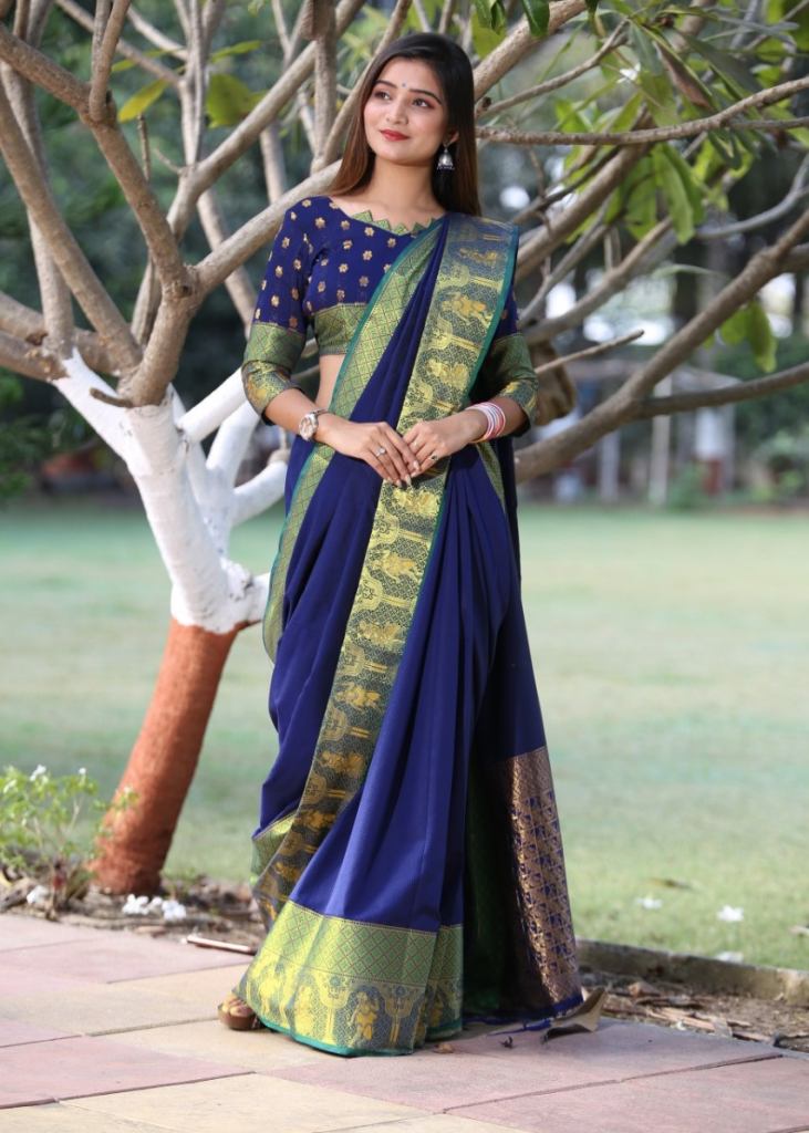 Blue Woven Banarasi Soft Slub Silk Saree – Beatitude