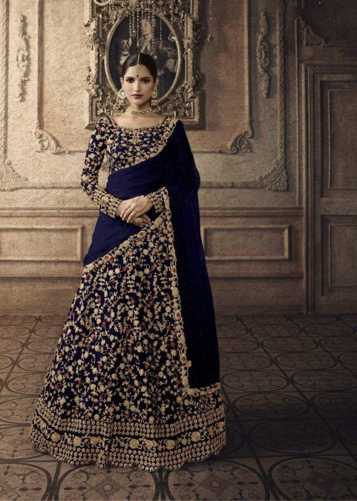 Dusty blue off-shoulder blouse & lehenga – Sapana Amin