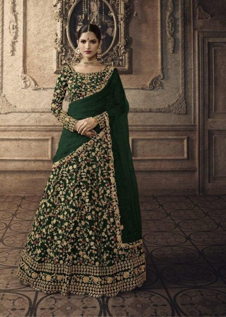 Green Banarasi Silk Semi-Stitched Lehenga Choli
