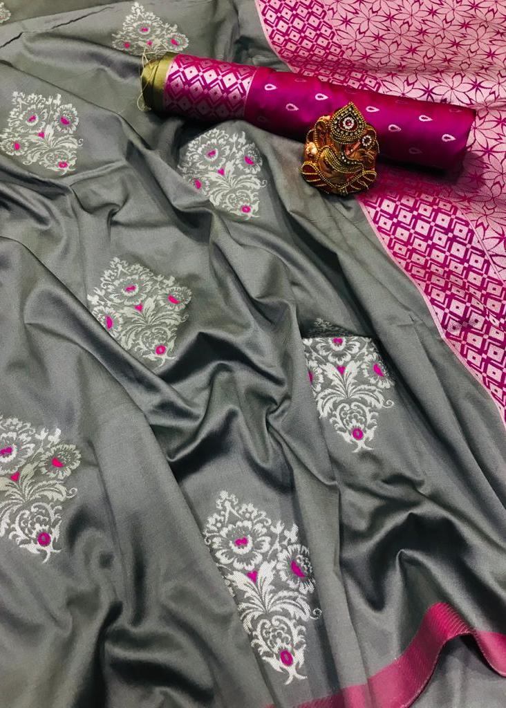 Exclusive Designer Lichi Silk Saree With Zari design In Grey