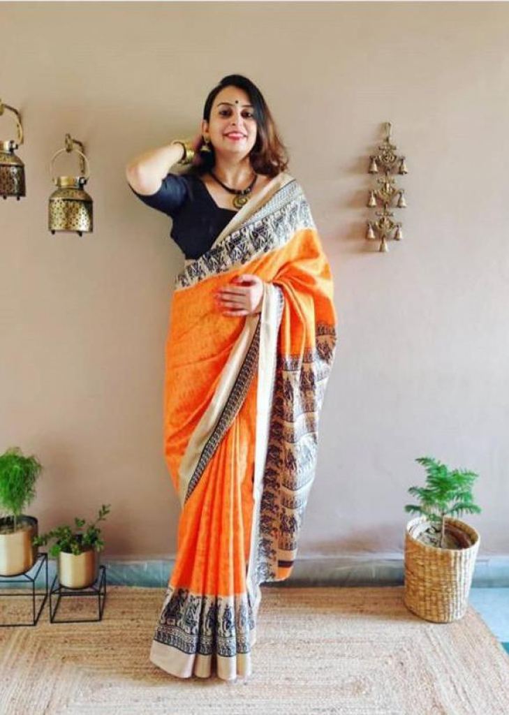 Orange Banarasi Saree Pochampally Ikkat Sarees Look For Party Silk Wedding  dhoti Sari Tissue With Contrast