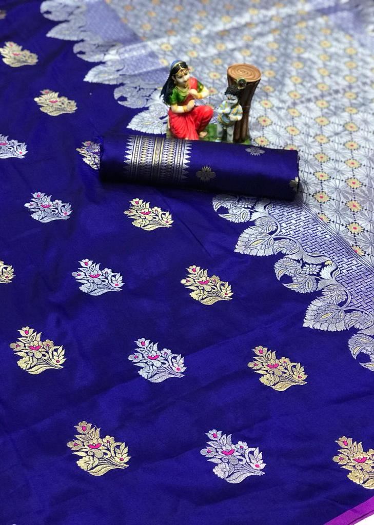 Semi soft silk saree royal blue and pink with allover self emboss & za –  Cherrypick