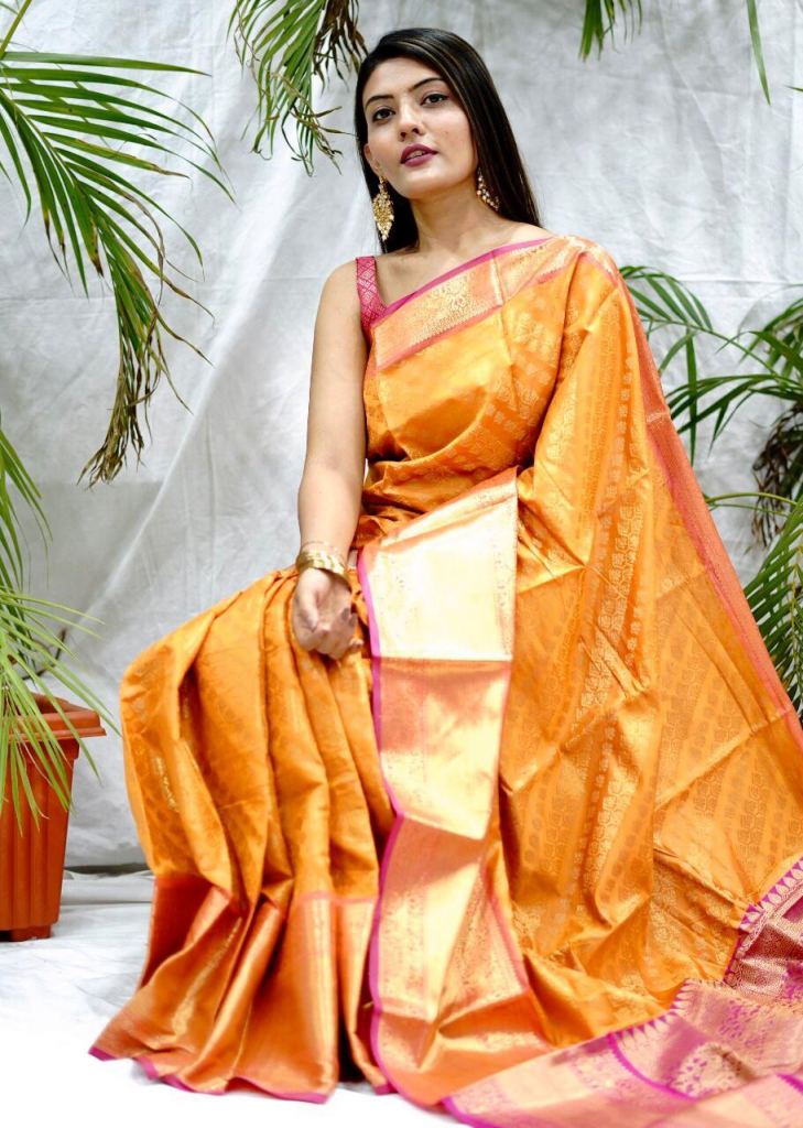 Traditional Kanchipuram Silk With Kuber Pattu Contrast Pallu And Blouse  Weaving Silk saree(ORANGE)