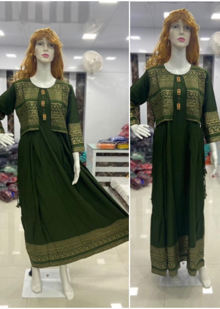 Leela Hit Long Gown Kurti With Fancy Button In Rich Olive Green Color