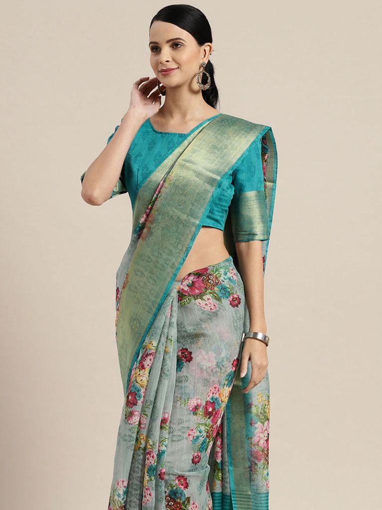 SHOPGARB Green and Brown Floral Linen Blend Saree - ShopGarb - 3739011