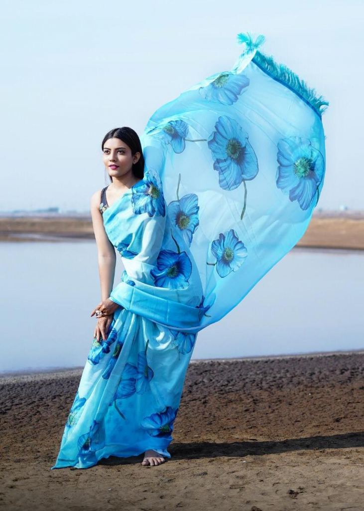 Sky Blue Silk Printed Light Weight Saree 203864 | Saree, Silk printing,  Saree designs