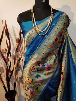  Attractive Banarasi Handloom Weaving Silk Saree In Sky Blue partywear sarees