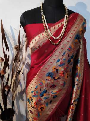  Attractive Banarasi Handloom Weaving Silk Saree In Red partywear sarees