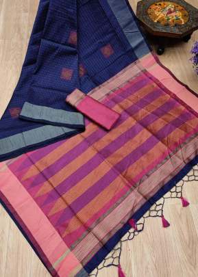 Attractive Banglori Row Silk Saree Contrast Ikkat Wooven Pallu In Navy Blue