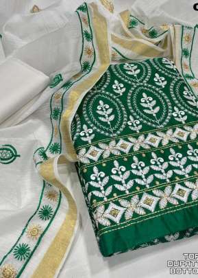 Attractive Fancy Lown Cotton With Embroidery Work Dress Material In Green salwar suits