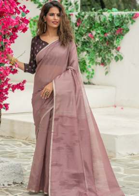 Attractive Metallic Linen Saree with Zari Woven Border In Pink