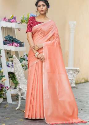 Attractive Metallic Linen Saree with Zari Woven Border In Peach