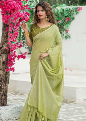 Attractive Metallic Linen Saree with Zari Woven Border In Pista Daily Wear Saree