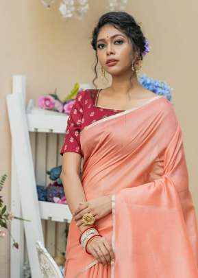 Attractive Metallic Linen Saree with Zari Woven Border In Peach Daily Wear Saree