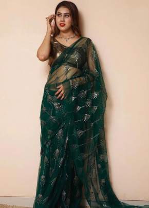 Attractive Soft Net Green Color Saree With  Silver Siequance Work Ahana-4