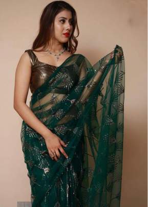 Attractive Soft Net Green Color Saree With  Silver Siequance Work Ahana-4 Net Saree