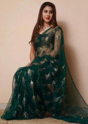 Attractive Soft Net Green Color Saree With  Silver Siequance Work Ahana-4 Net Saree