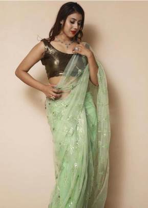 Attractive Soft Net Pista Color Saree With  Silver Siequance Work Ahana-3 Net Saree