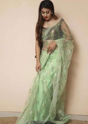 Attractive Soft Net Pista Color Saree With  Silver Siequance Work Ahana-3 Net Saree