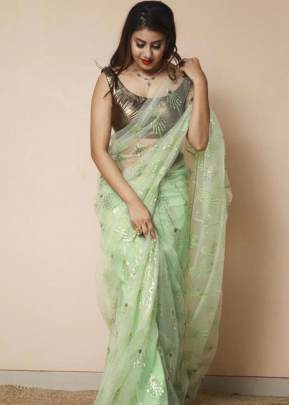 Attractive Soft Net Pista Color Saree With  Silver Siequance Work Ahana-3 Net Saree