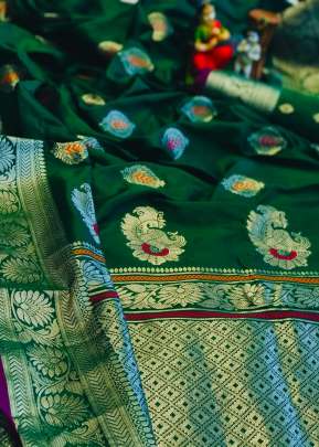 Attractive Soft Silk Saree In Different Minakari In Dark Green