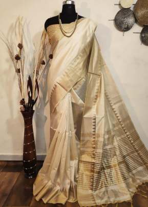 Beautiful Aasam silk weaving saree with zari woven temple border In White