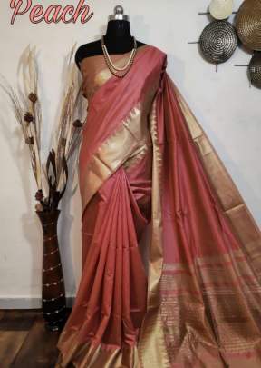 Beautiful Aasam silk weaving saree with zari woven temple border In Peach