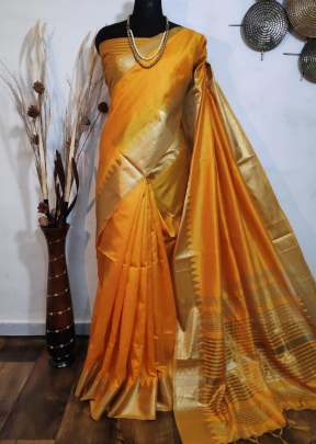 Beautiful Aasam silk weaving saree with zari woven temple border In Turmeric