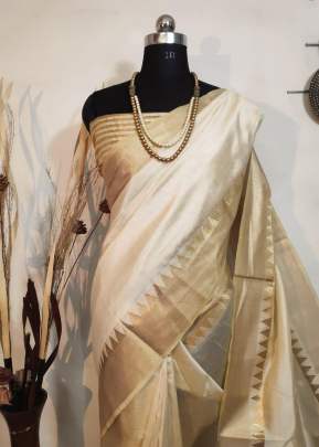 Beautiful Aasam silk weaving saree with zari woven temple border In White SILK SAREE