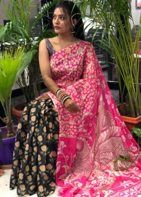 Beautiful And Soft Linen Saree In Black And Peach Color