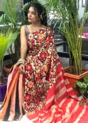 Beautiful And Soft Linen Saree In Off Black Flower In Peach Color Printed Sarees