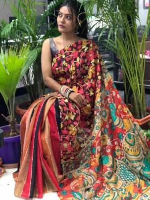 Beautiful And Soft Linen Saree In  Peacock Print Color Printed Sarees